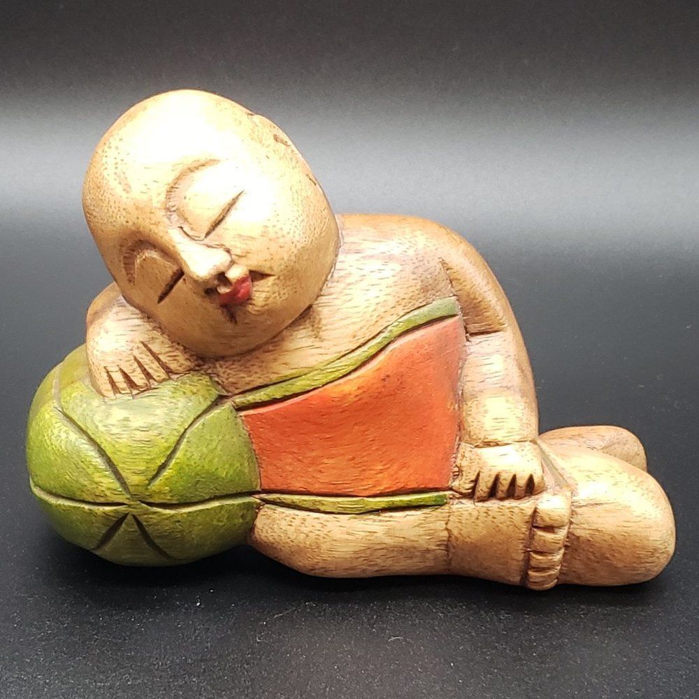 Hand Carved Vintage Wooden Sleeping Buddha on Watermelon or Beach Ball Figurine